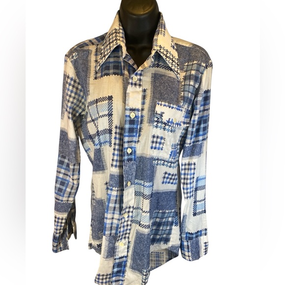 1Up Other - Rare 70s Vintage “1UP by Golden Vee” Slim-Trim Fit Patchwork Plaid Shirt Men’s s